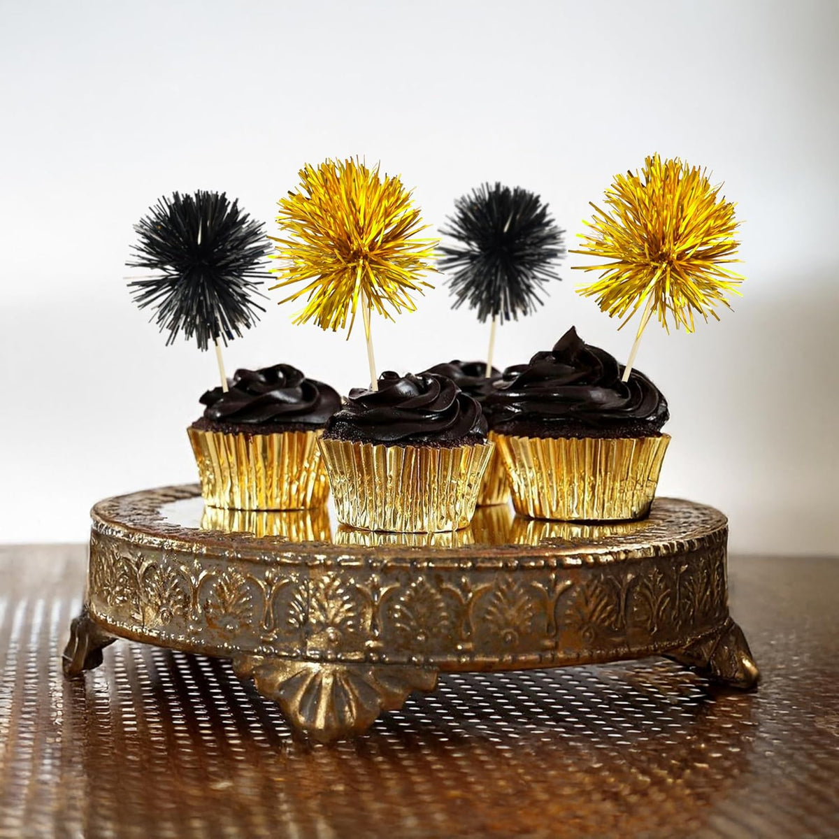 Ephlyn 30Pcs Foil Firework Cupcake Toppers Sparkle Tinsel Cupcake Picks Happy Birthday Cake