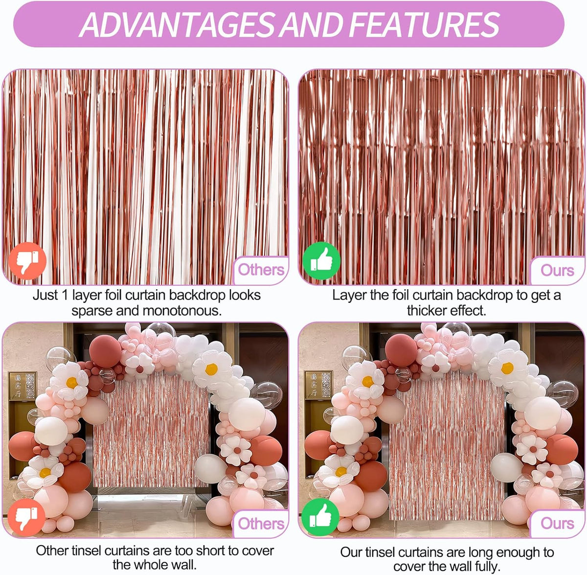 Crosize 7 Pack 3.3 x 9.9 ft Rose Gold Foil Fringe, Streamer Backdrop Curtains, Streamers Birthday