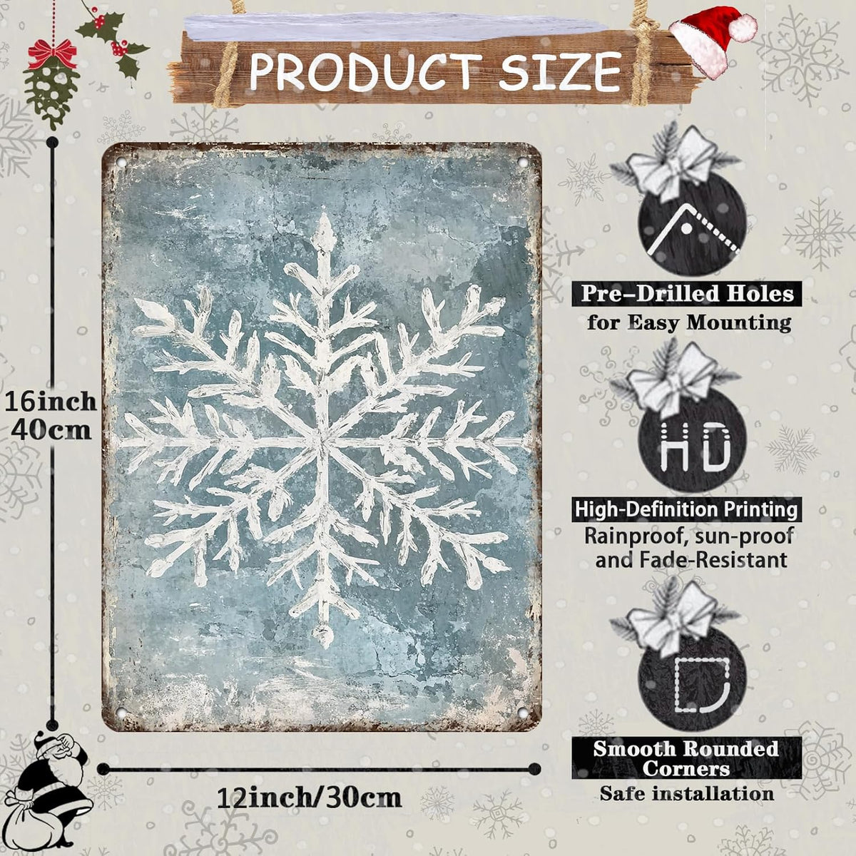 Vintage Christmas Tin Sign - Winter Snowflakes Metal Tin Sign - Wall Decor Sign for Outdoor