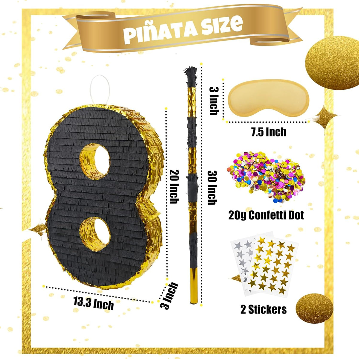 PCFING 20 Inch Number 8 Piñata Gold Black with 30 Inch Piñata Stick Blindfold Confetti for Man