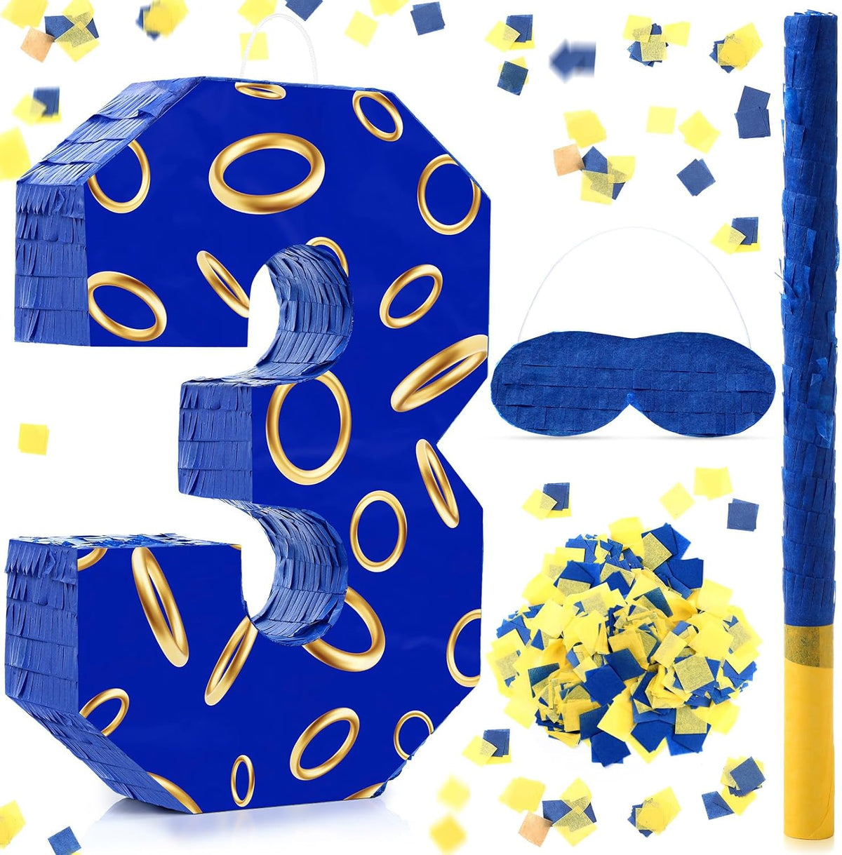 Number 3 Blue and Golden Rings Piñata for Kids Birthday Cartoon Theme Small Piñata with Blindfold