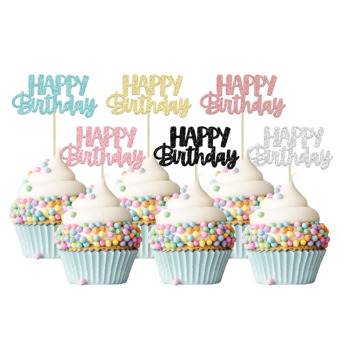 Gyufise 24Pcs Happy Birthday Cupcake Toppers Glitter Birthday Cupcake Food Picks for Celebrating