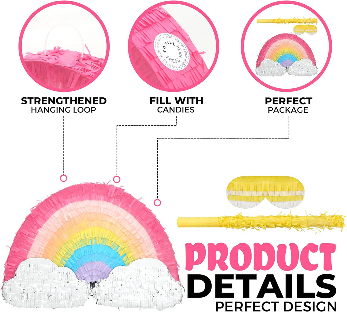 Rainbow Pinatas Bundle with a Blindfold and Bat (16.5x8.5x3.5 Inches), Rainbow Pinatas for Girls