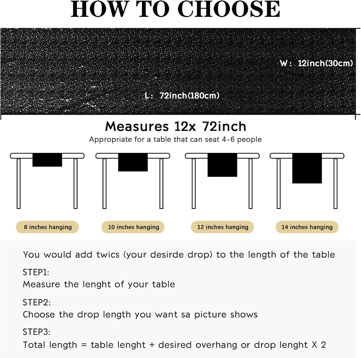 6 Packs 12 x 72 inches Sequin Table Runner, Black Glitter Table Runner for Birthday Party Supplies