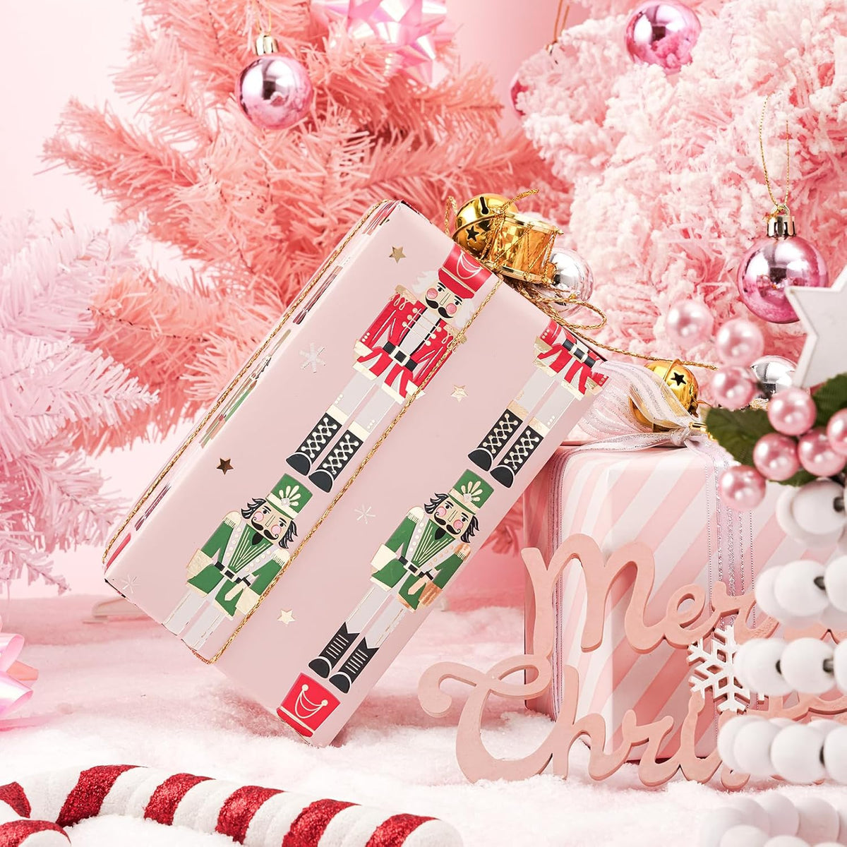 LeZakaa Christmas Pink Wrapping Paper Jumbo Roll for Kids, Pink Metallic Foil Gift Wrap Paper with