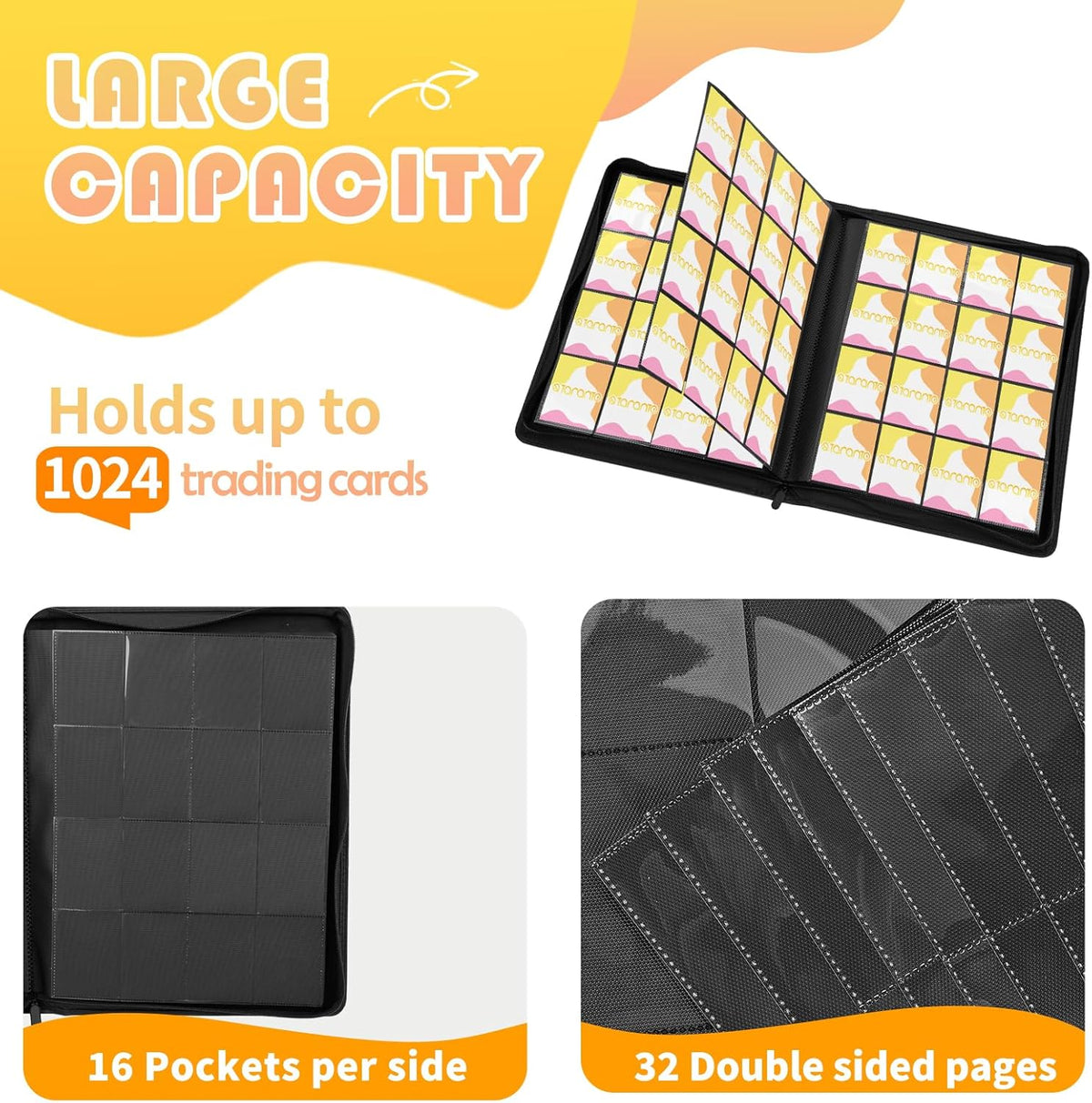 Premium 1000+ Pockets Trading Card Binder, 16-Pocket Ringless Side-Loading Album for TCG, MTG
