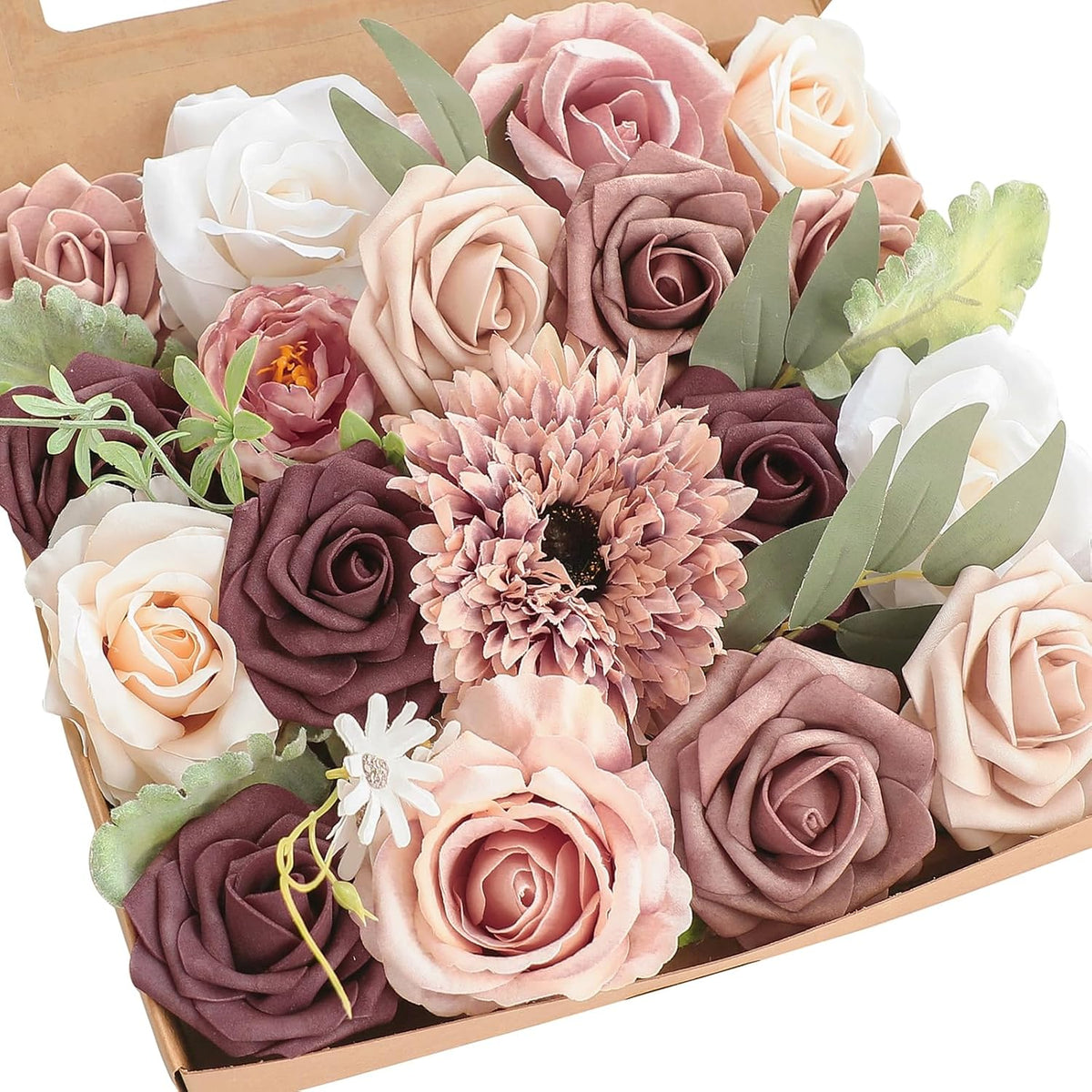 Floroom Dusty Rose Mauve Artificial Flowers Fake Roses Peony and Greenery Combo Box Set for DIY