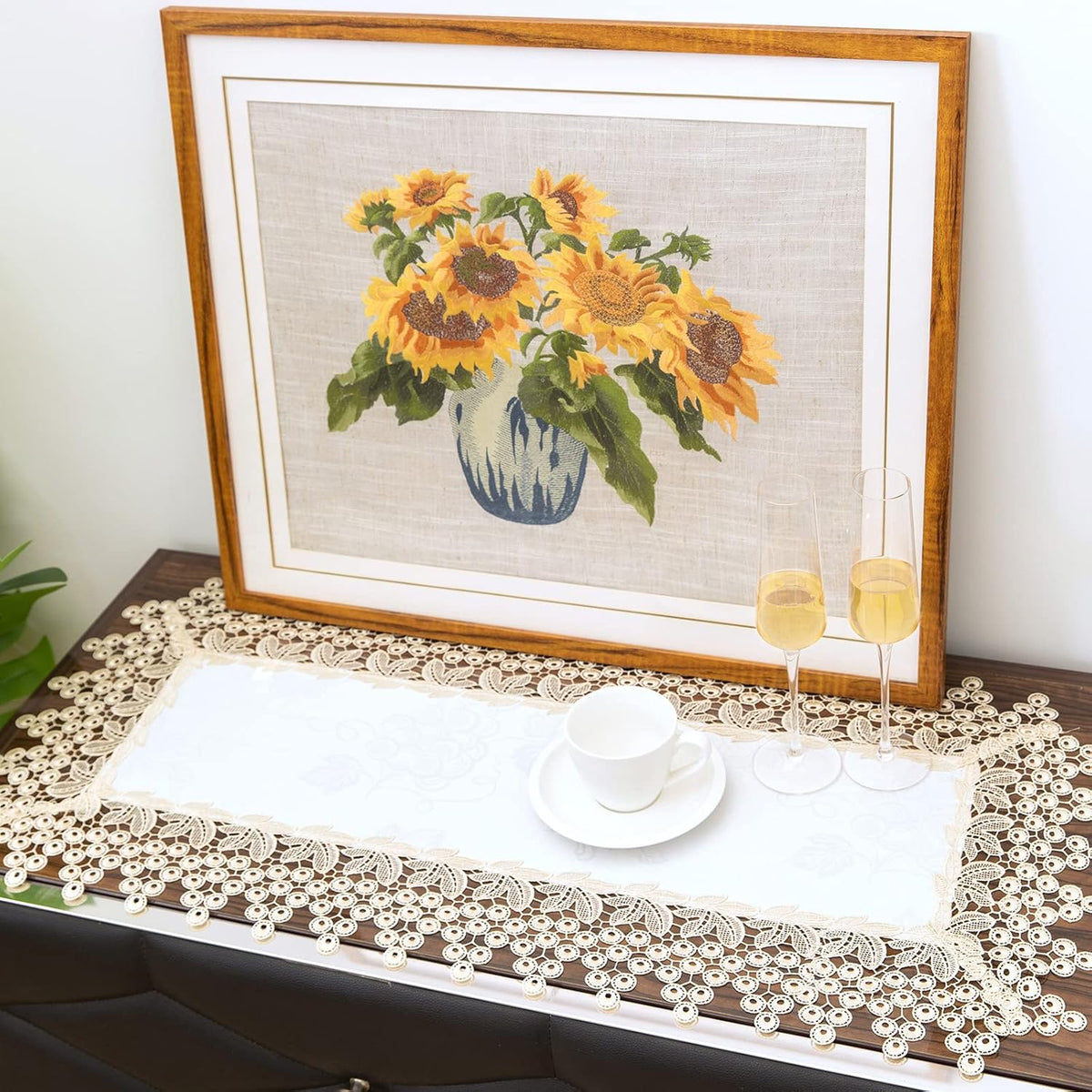 Beige lace Premium Rectangle Farmhouse Tablerunner Waterproof OilProof SpillProof AntiShrink Soft