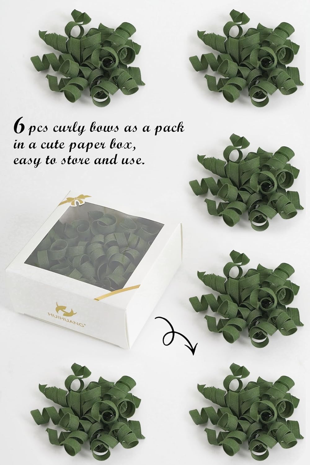 HUIHUANG Moss Green Bows for Gift Wrapping, Green Curly Ribbon Bows Self Adhesive Burst Gift Bow