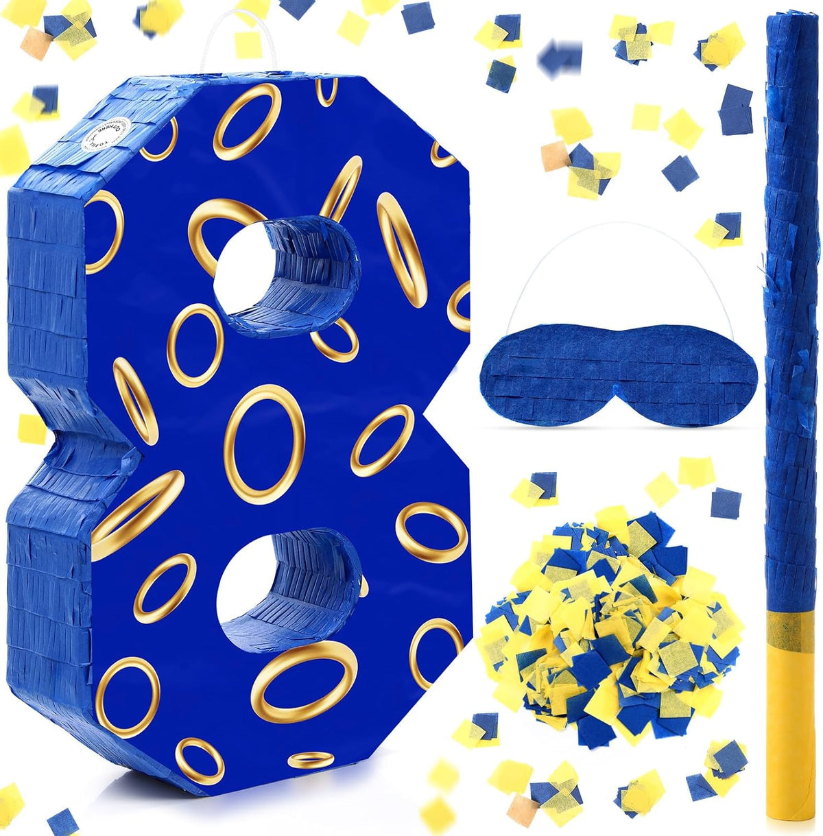 Number 8 Blue and Golden Rings Piñata for Kids Birthday Cartoon Theme Small Piñata with Blindfold