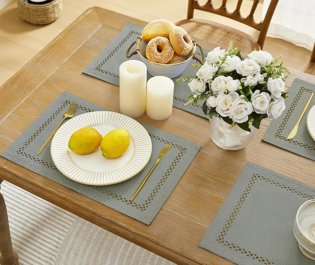 Burlap Placemats Set of 6, 12 x 18 Inch Rustic Geometric Hollow Place Mats, Heat Resistant