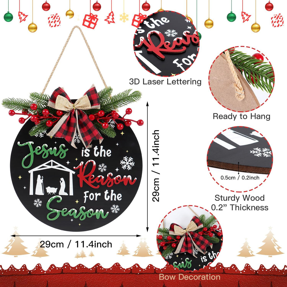 CHDITB Jesus is The Reason for The Season Front Door Sign Wreath(11.4"), Red Green Christmas