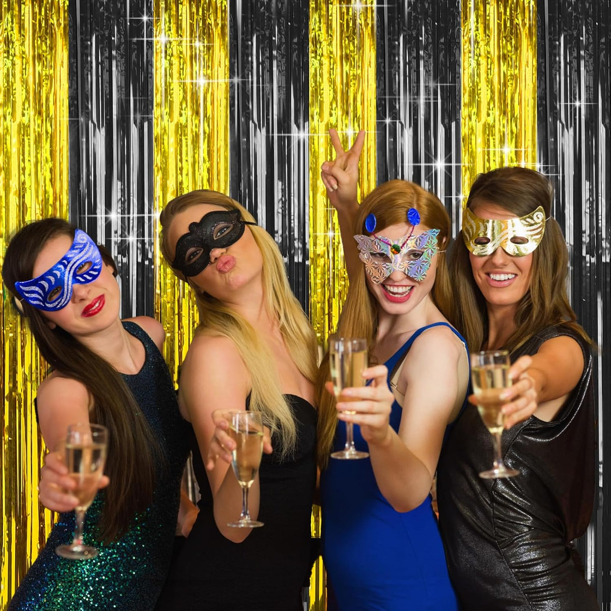 4 Packs Black and Gold Foil Fringe Curtain, Black Gold Metallic Tinsel Backdrop for Birthday