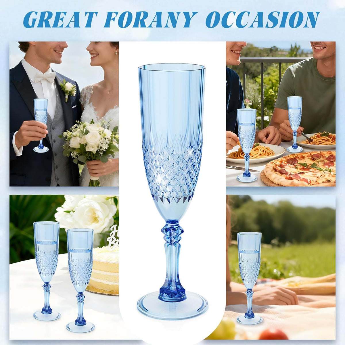 Plastic Champagne Flutes, 24PCS Blue Wine Glasses Goblets Cups Reusable Flute, for Weddings