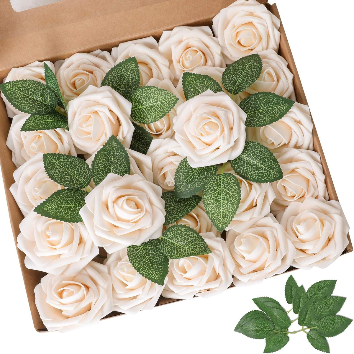 AmyHomie Artificial Flower Champagne Rose 25pcs Real Looking Fake Roses w/Stem for DIY Wedding