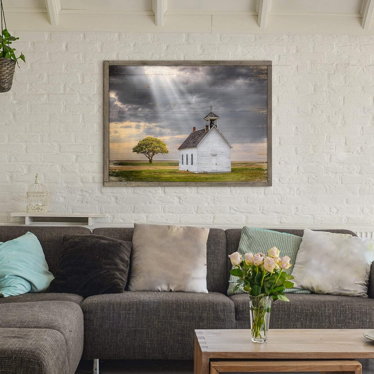 Wooden Barn Landscape Artwork Painting - Rustic Handcrafted Framed Countryside Picture Wall Art for