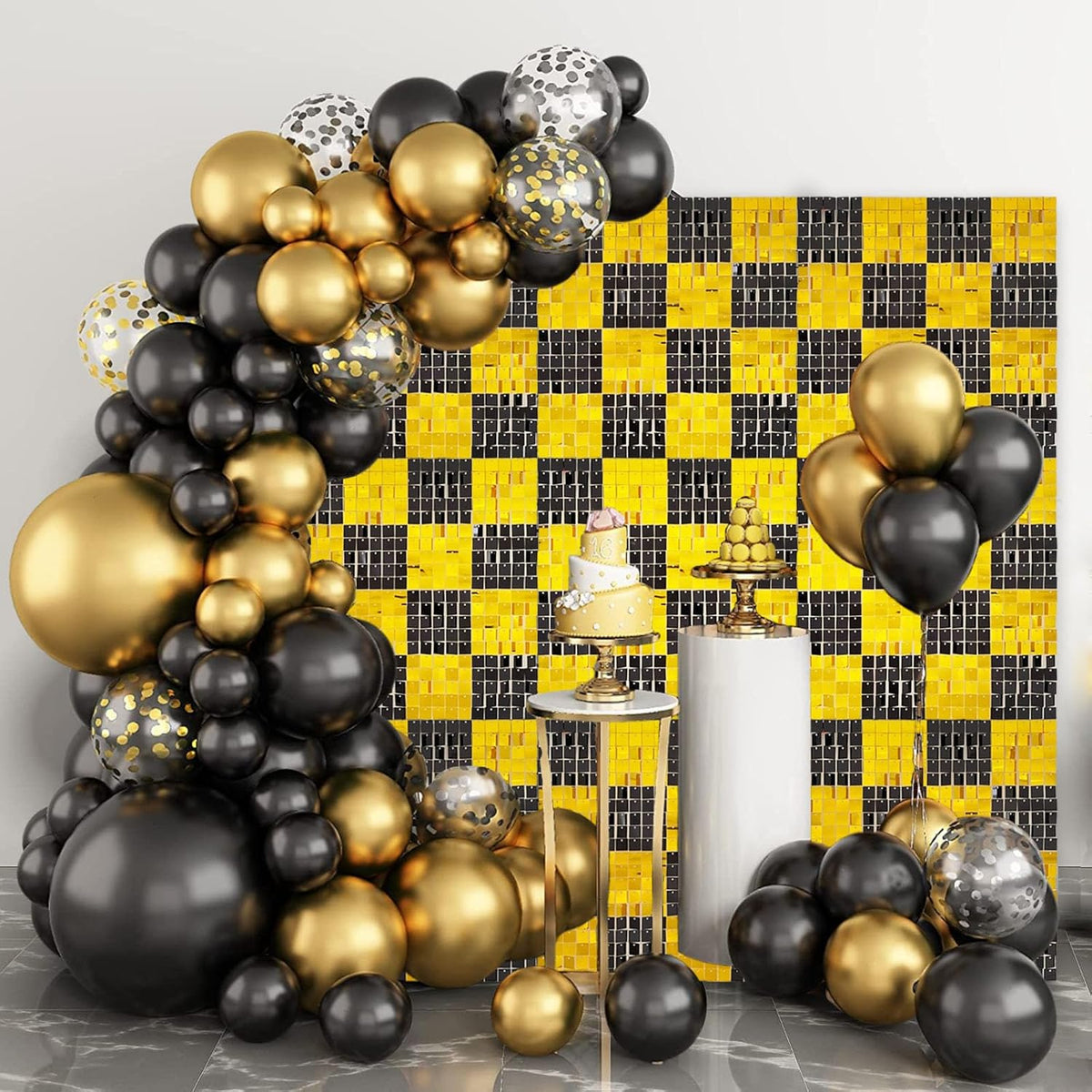 12PCS Black Gold Shimmer Wall Backdrop, Square Sequin Photo Backdrops Panel, Glitter Wall