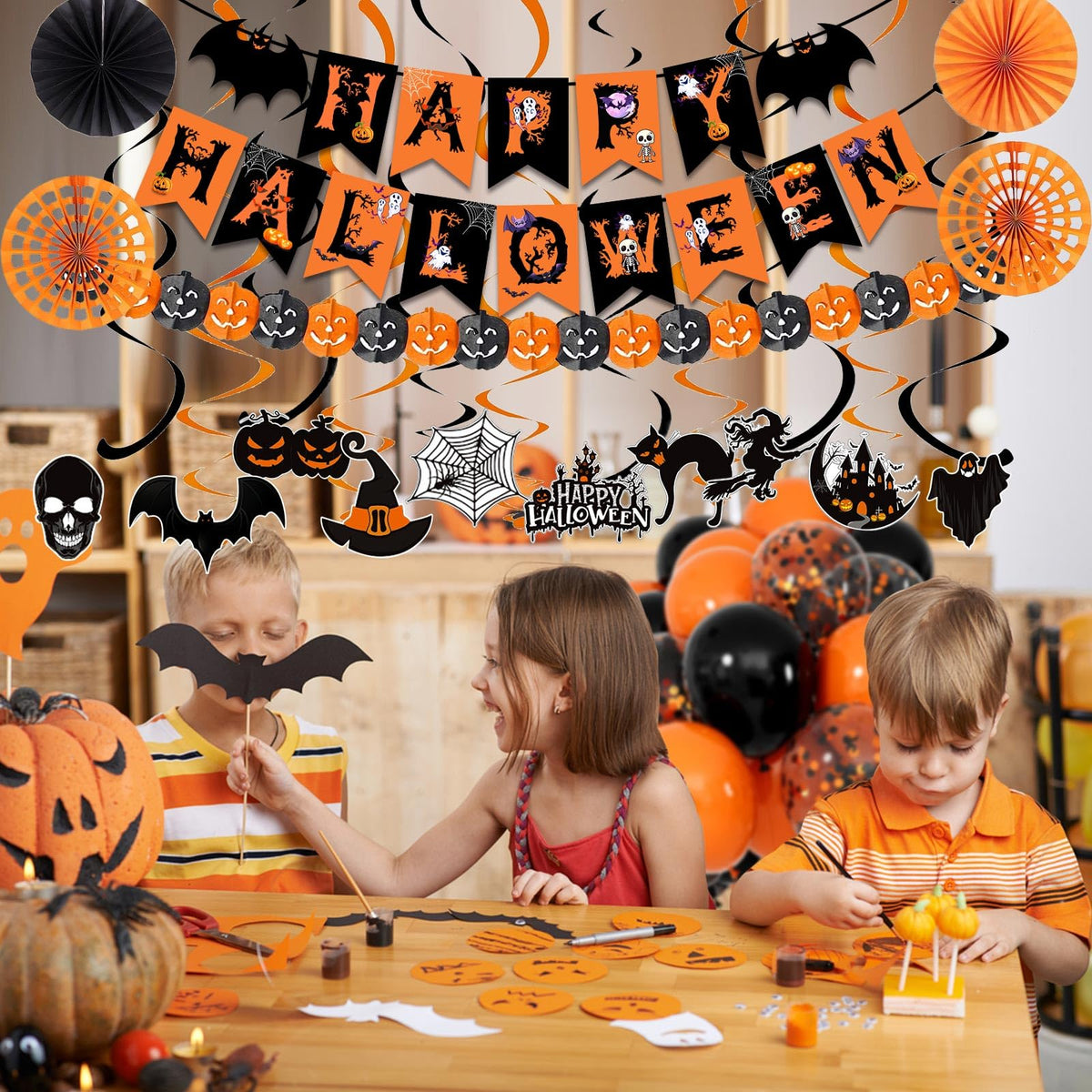 Happy Halloween Trick or Treat Banner Paper Fan Balloons & Swirl Streamers Goul Bat Cat Bird Ghost