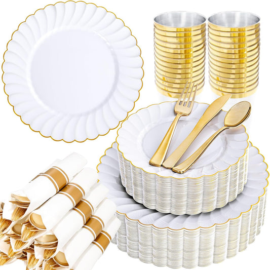YOUBET 350PCS Gold Scalloped Plastic Plates - White and Gold Disposable Dinnerware Set Include 100