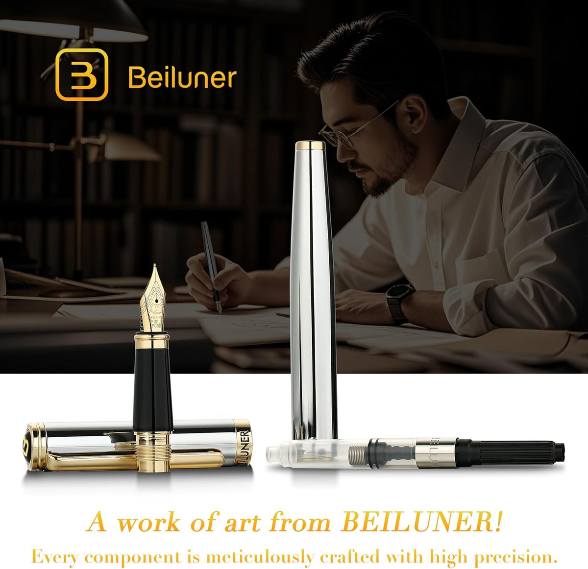 BEILUNER Silver Chrome Fountain Pen,Stunning Luxury with 24K Gold Accents, Gorgeous 24K Gilded