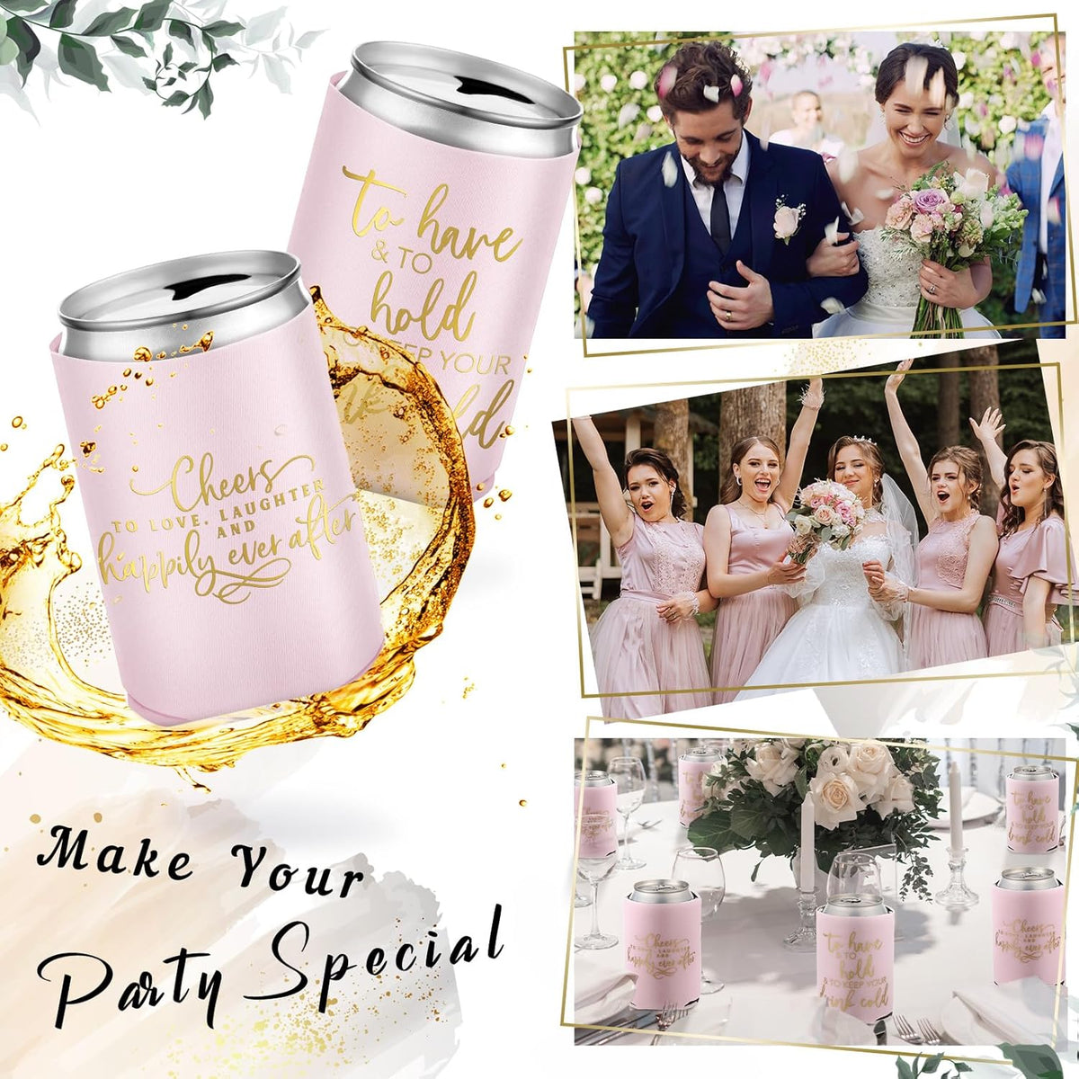 50 Pieces Pink Rose Wedding Can Cooler Bulk Engagement Party Favors for Guests Cheers to Love