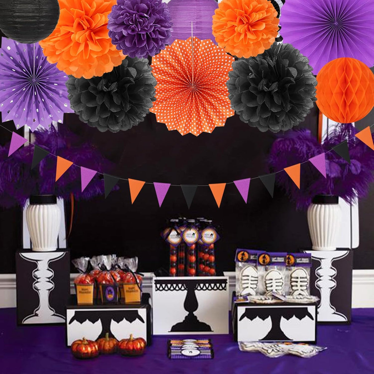 Black Orange Purple Halloween Party-Decorations - 20pcs Paper Lanterns Fans,Tissue Pom