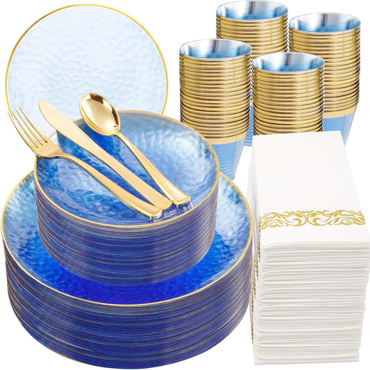 Rubtlamp 350 Pcs Clear Blue Plastic Plates, Blue Gold Plastic Dinnerware Set (50 Guests), Blue