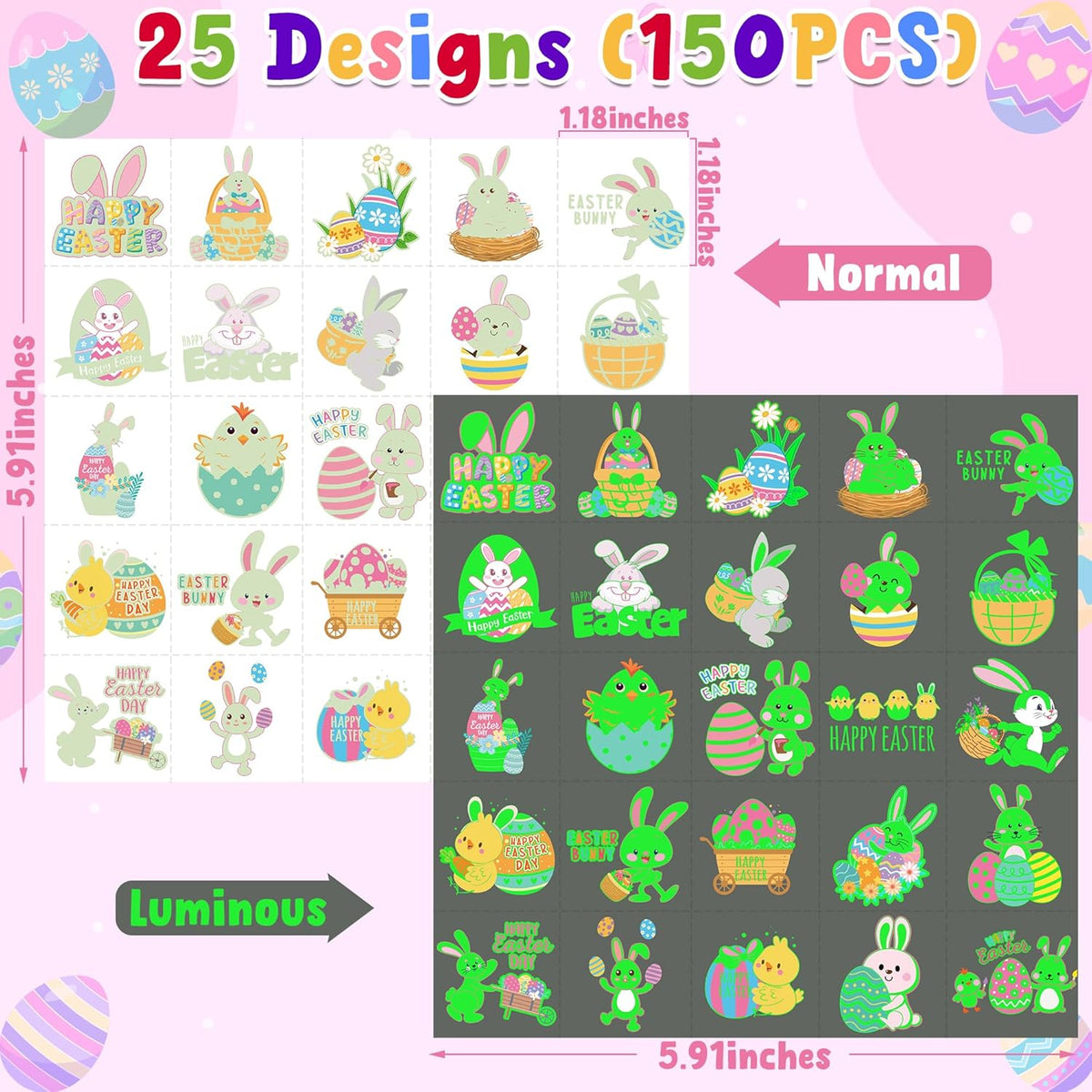 150 PCS Luminous Easter Tattoos for Kids, 25 Styles Glow Easter Stickers for Easter Basket