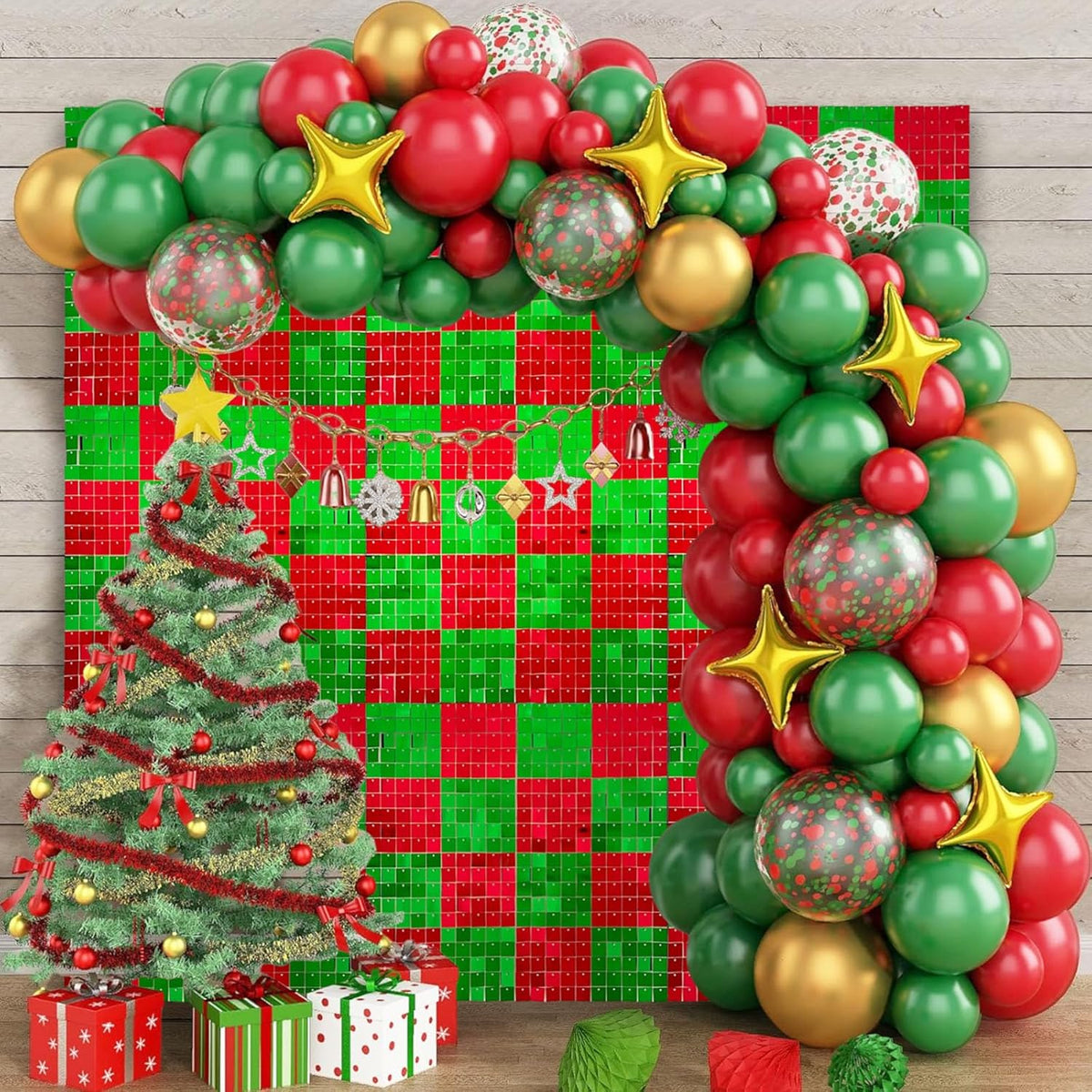 12PCS Red Green Shimmer Wall Backdrop, Laser Square Sequin Photo Backdrops Panel, Glitter Wall