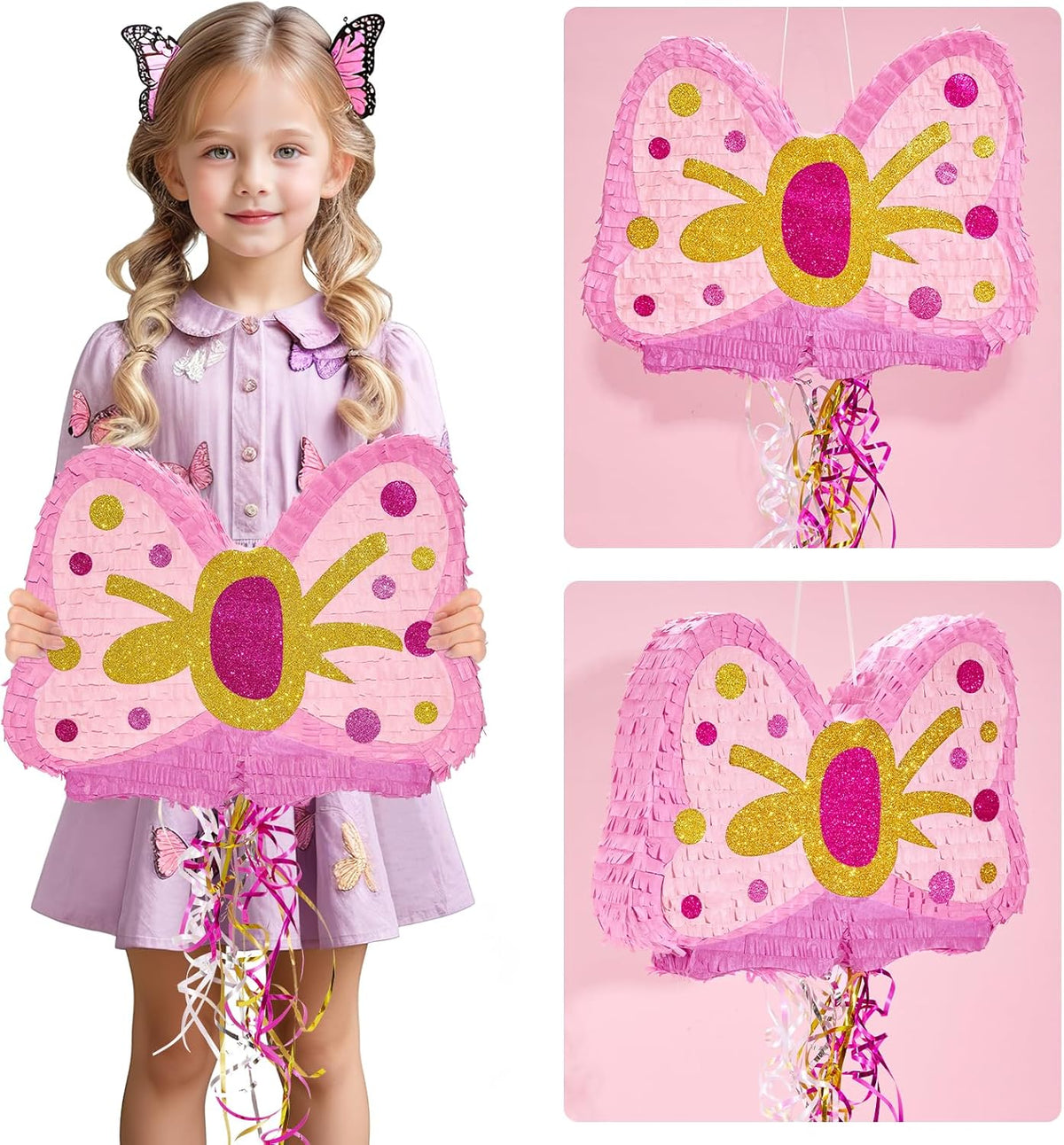 WERNNSAI Pink Bow Piñata - Girls Birthday Party Decoration Bow Tie Piñata with Blindfold and Bat