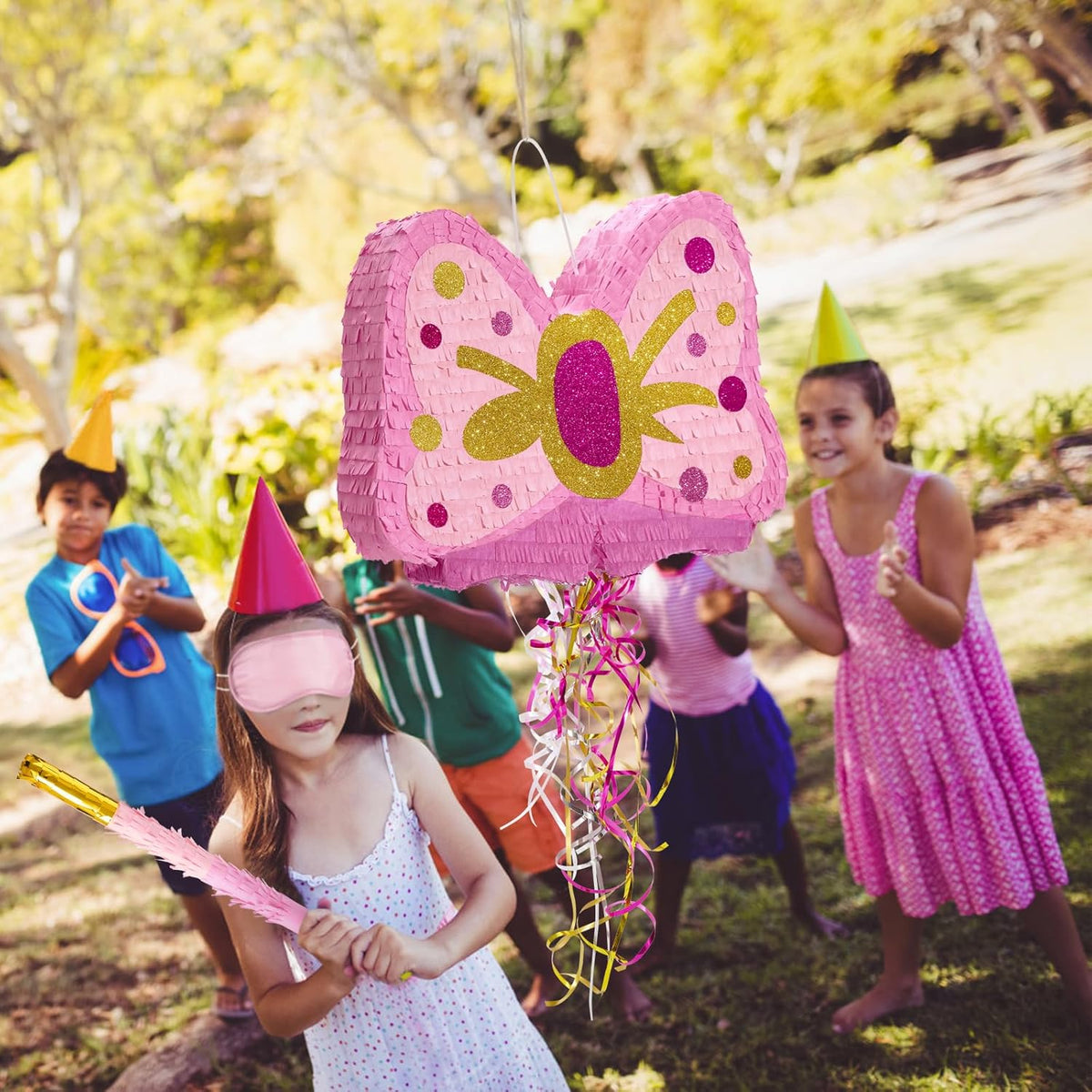 WERNNSAI Pink Bow Piñata - Girls Birthday Party Decoration Bow Tie Piñata with Blindfold and Bat