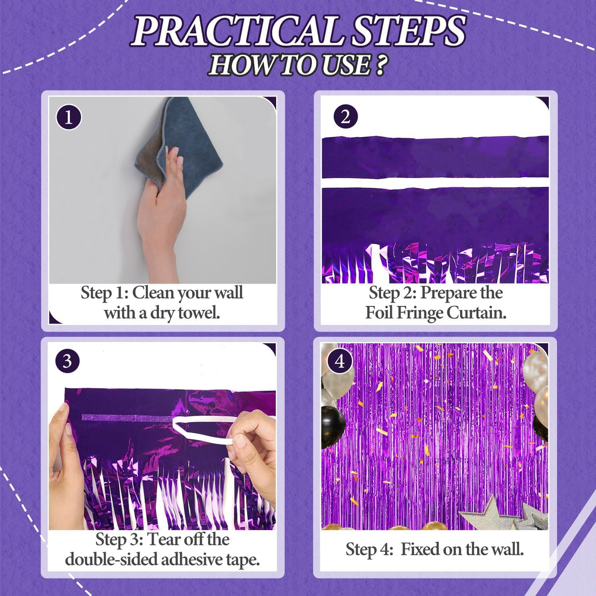 3 Pack Foil Fringe Backdrop - Purple Shiny Tinsel Curtains for Party Decoration/Photo Booth Props