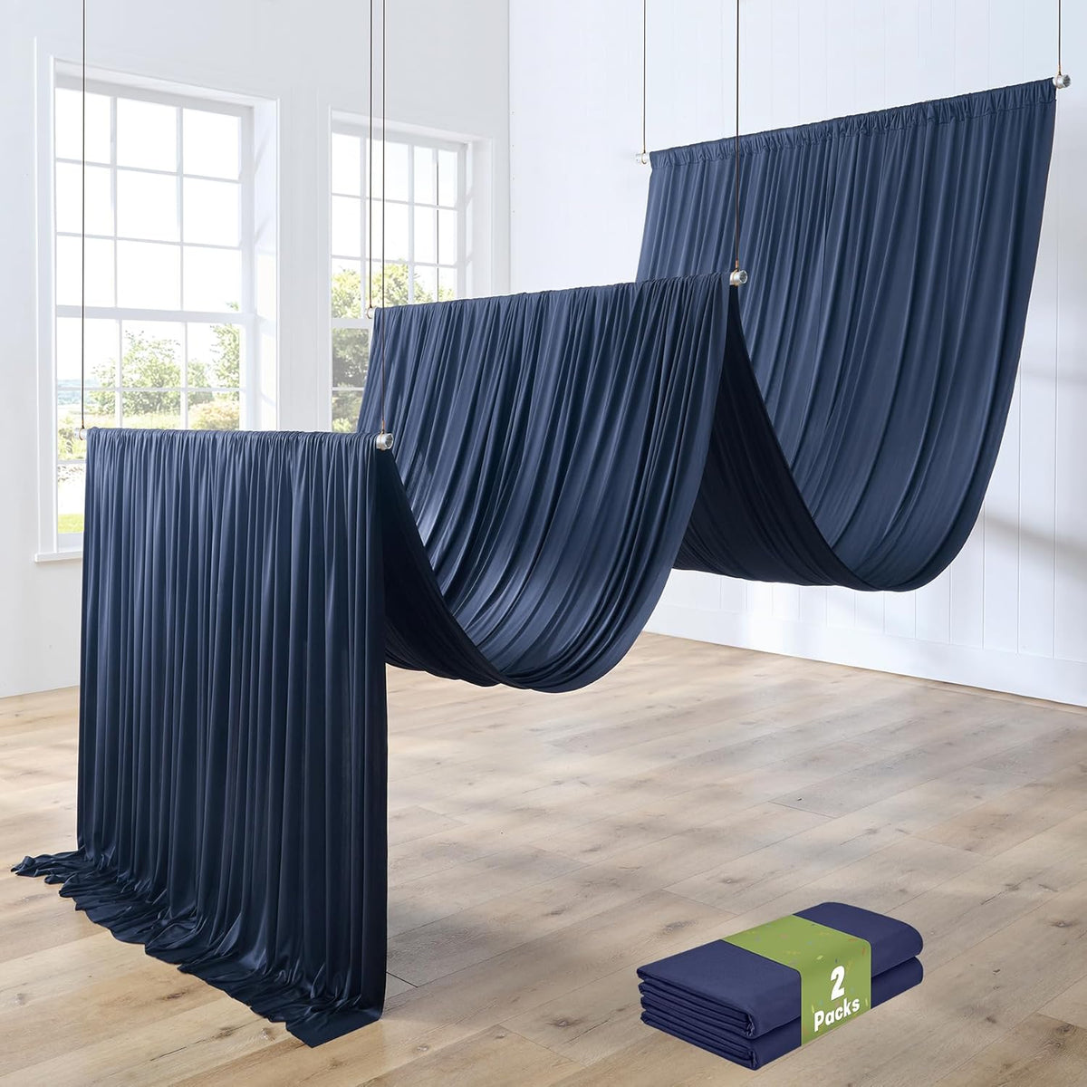 PartyVillage 2 Panels 5ftx30ft Navy Blue Ceiling Drapes for Wedding Parties – 30 FT Extra Long