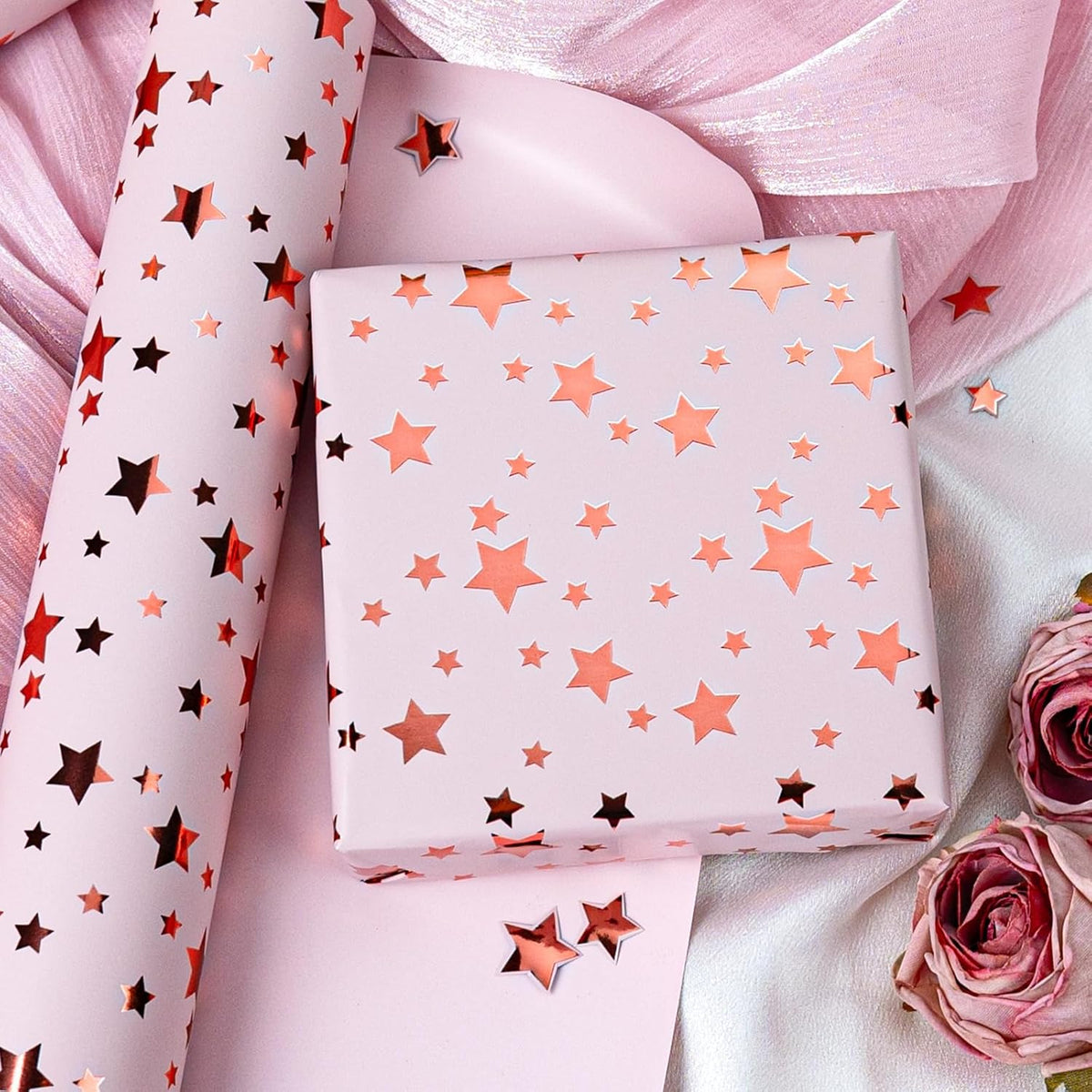Burymento Gold Foil Five-Pointed Star Wrapping Paper, Reversible Pink Gift Wrap for Birthday
