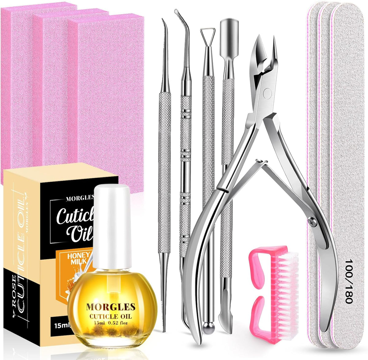 MORGLES Nail File and Buffer Blocks with Nail Care Kit, 13 Pcs Manicure Kit for Women with Milk and