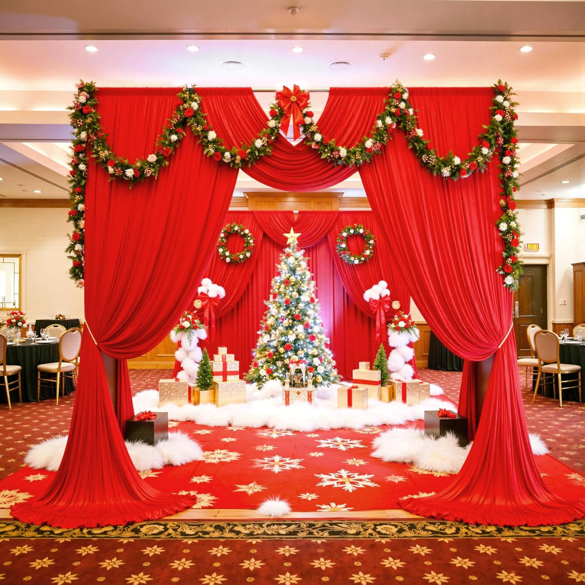 PartyVillage 50ft×15ft Red Backdrop Curtain for Wedding Parties, 10 Panels Wrinkle Free 15 FT Long