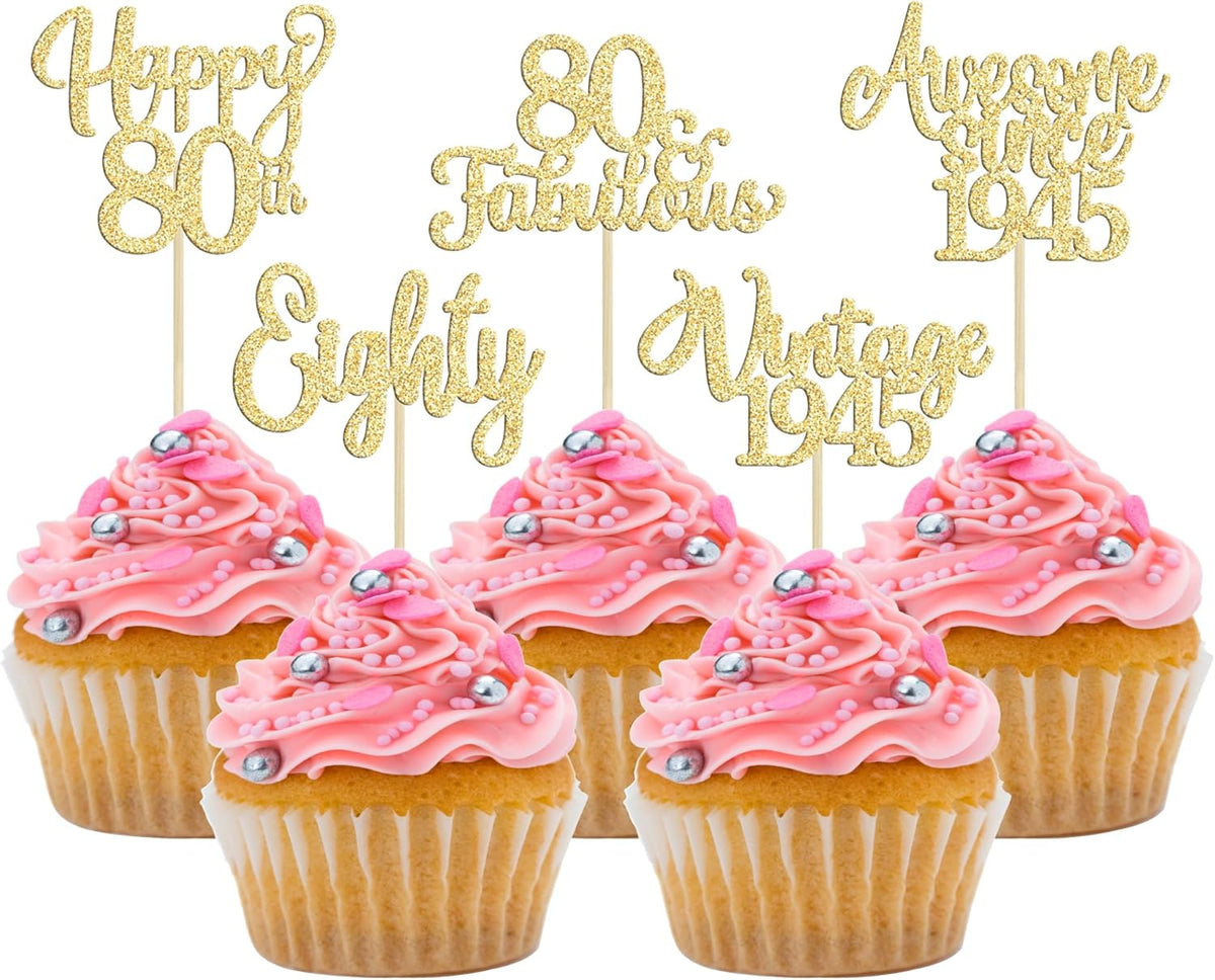30Pcs Vintage 1945 Cupcake Toppers Glitter Eighty Happy 80th Birthday 80 Fabulous Cupcake Picks