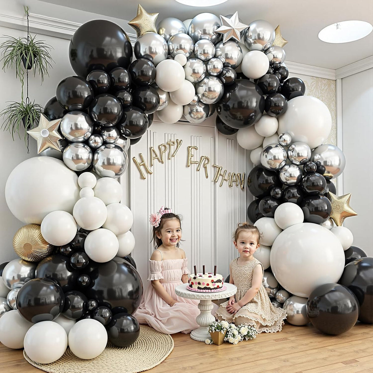 412Pcs Black and Silver White Balloon Arch Kit, 18 12 10 5 Inch Different Size Black and Silver