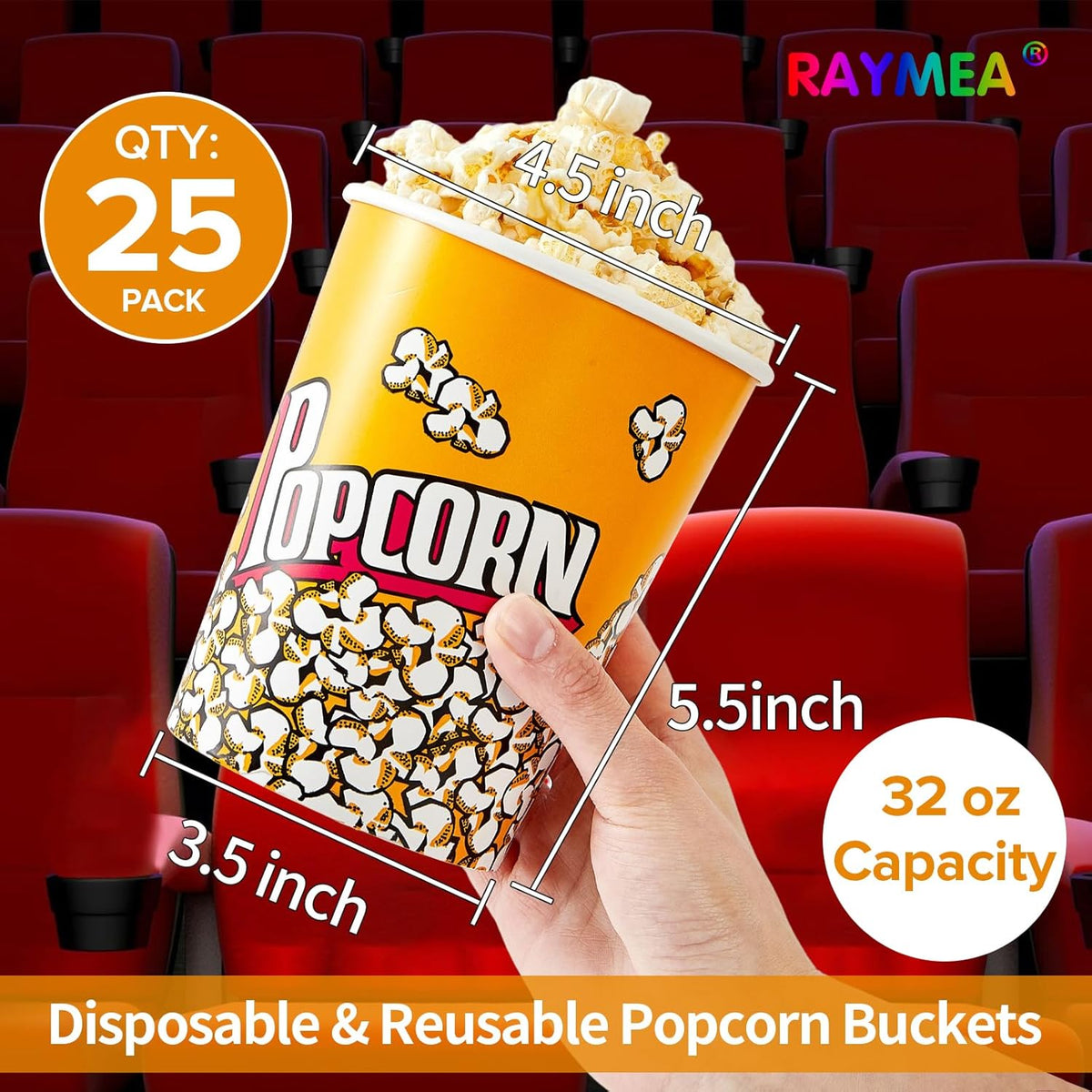 RAYMEA Popcorn Buckets Disposable 32oz Retro Style Paper 25 Pack Leak Proof Popcorn Containers