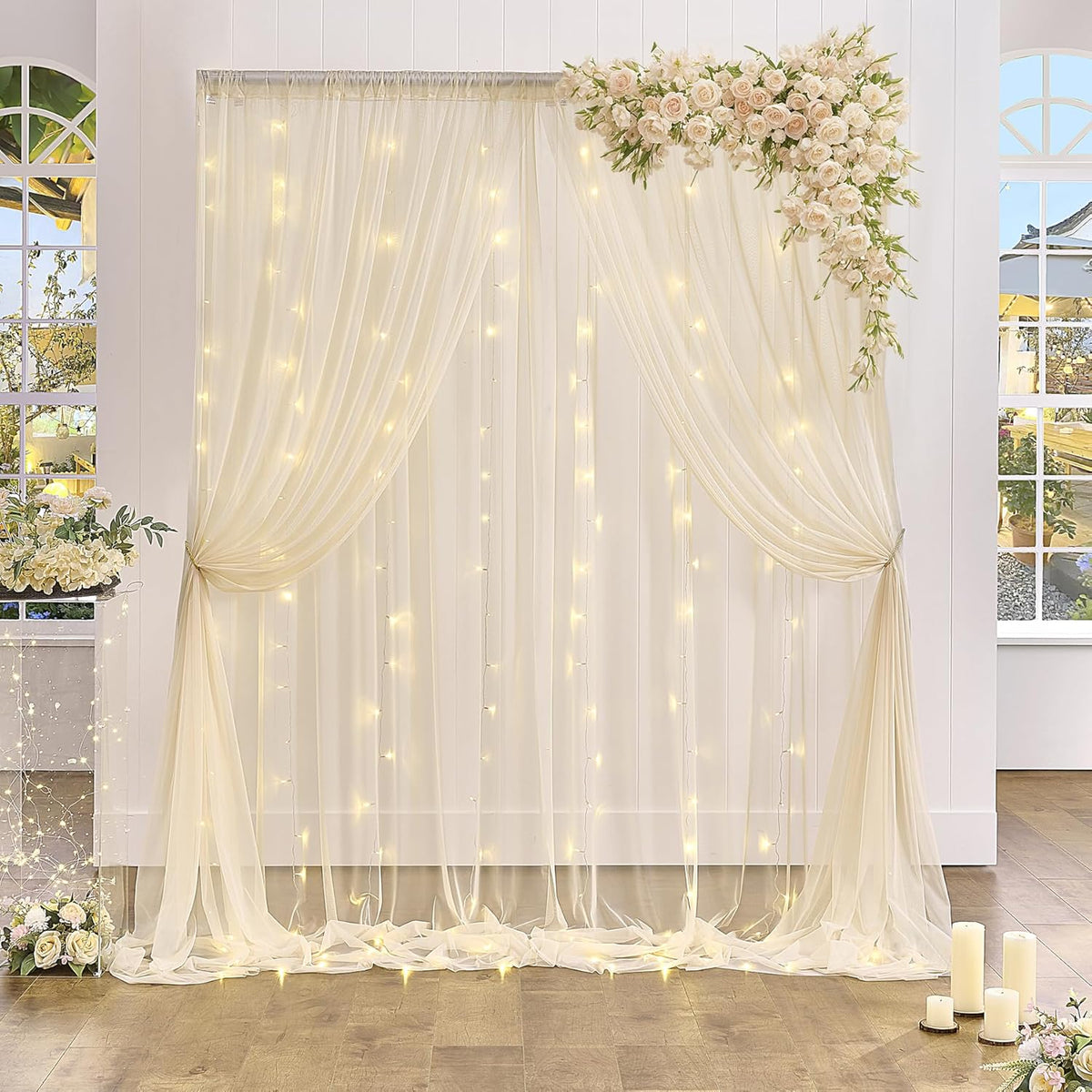 Champagne Sheer Backdrop Curtain with Lights String for Parites Wedding 20×10ft Tulle Backdrop