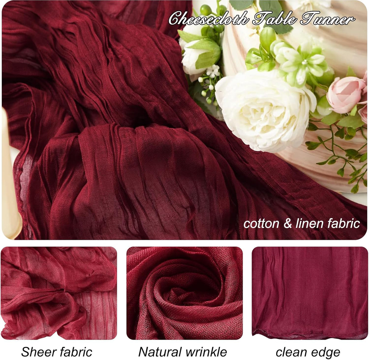 8 Pack 10Ft Table Runner 35x120 inch Burgundy Boho Gauze Table Cheese Cloth Long Wrinkled Sheer