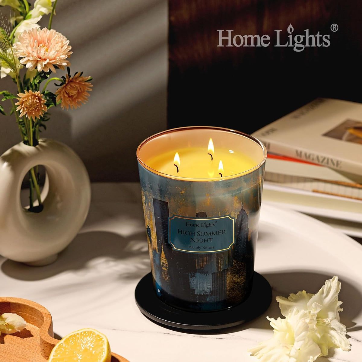 HomeLights High Summer Night Scented Candles | 34oz Soy Candles Industrial Chic 3-Wick Large Candle