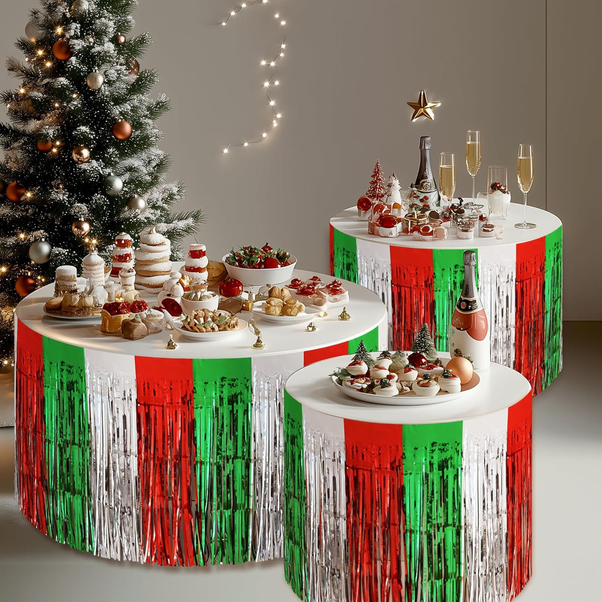 2 Pack Christmas Table Skirts, 29x108" Red & Silver & Green Metallic Foil Tinsel Fringe Table