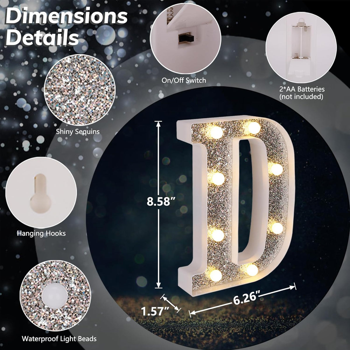 Marquee Light Up Letters, Glitter Silver LED Letter Lights Battery Powered Alphabet Letter Sign for