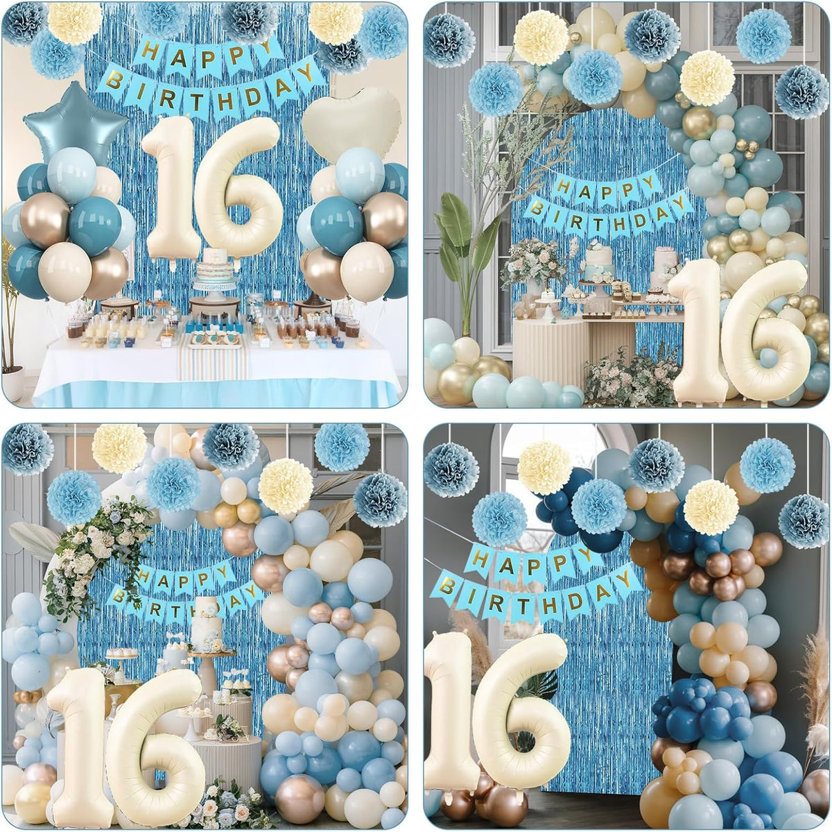 Dusty Blue 16th Birthday Party Decorations Boys Girls Beige Cream Number 16 Balloon with Blue Gold