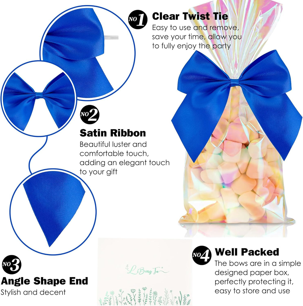 5'' Royal Blue Bow Party Decorations Satin Bows, Twist Tie Bows for Treat Bags, Cake Pops, Pre-tied