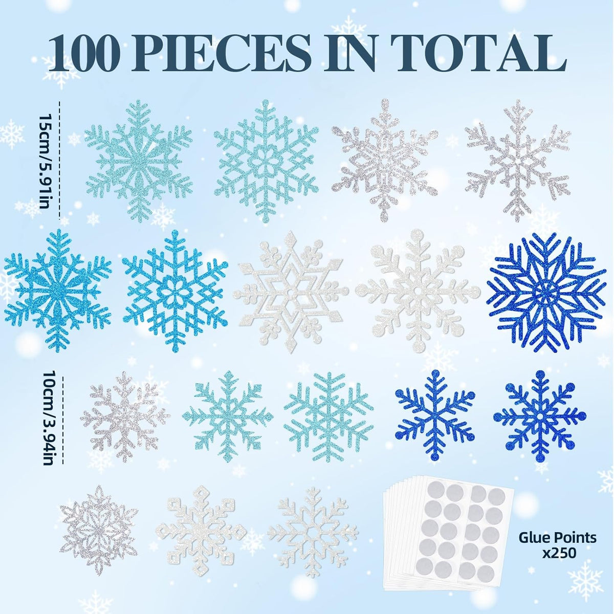 Winter Snowflake Cutouts - Glitter Paper Snowflake Decorations - 100Pcs Blue & Silver Double-Side
