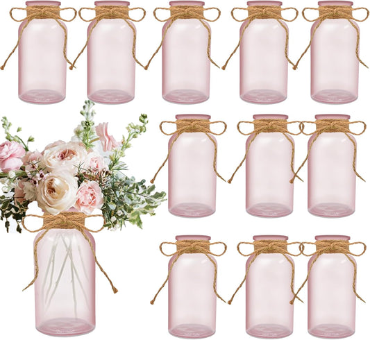 Vintage Glass Flower Vase，12 Pack Pink Farmhouse Glass Centerpiece Vases Mason Jars for Weddings