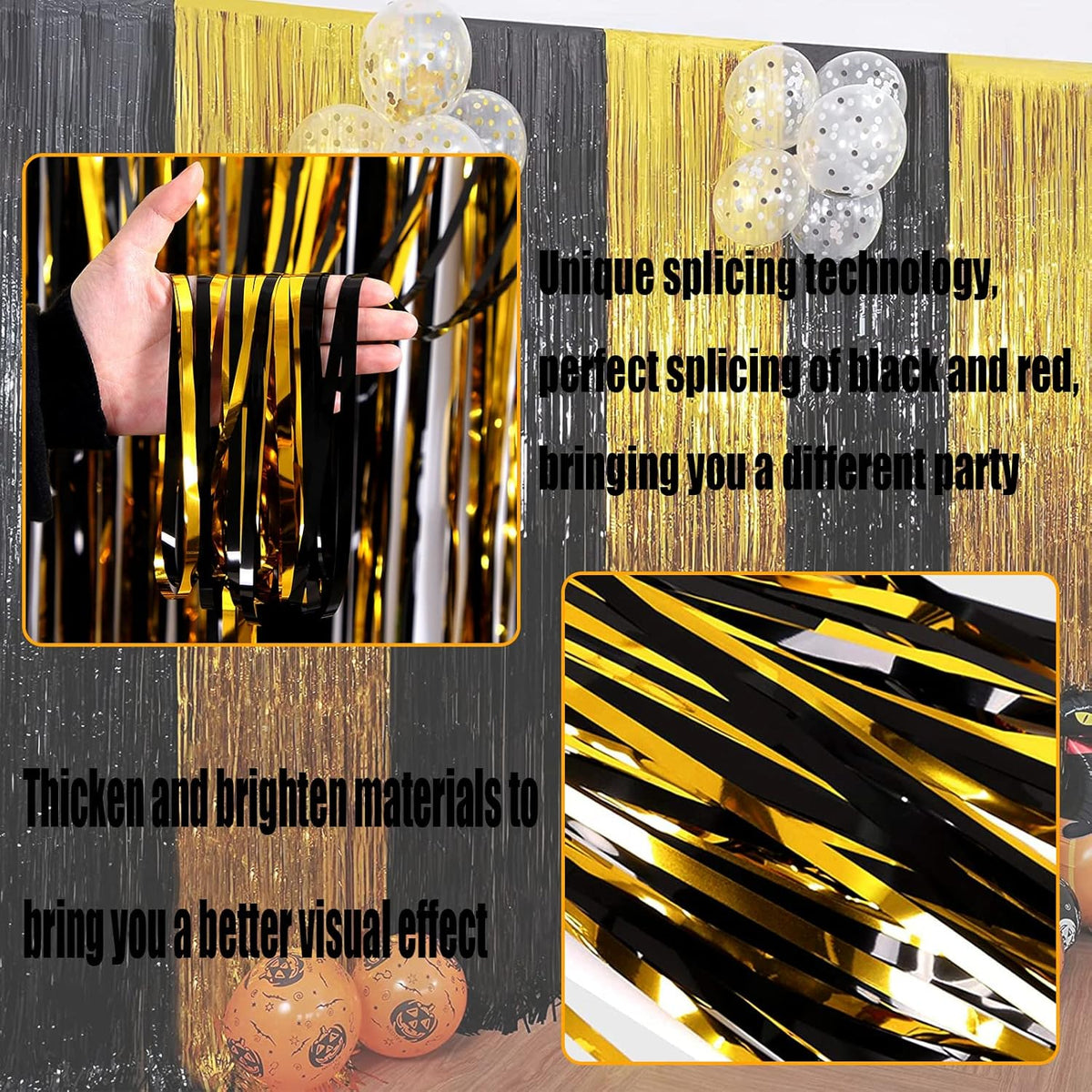 4 Pack Black Gold Foil Fringe Curtain Backdrop, 3.28Ft x 8.2Ft Metallic Tinsel Foil Fringe
