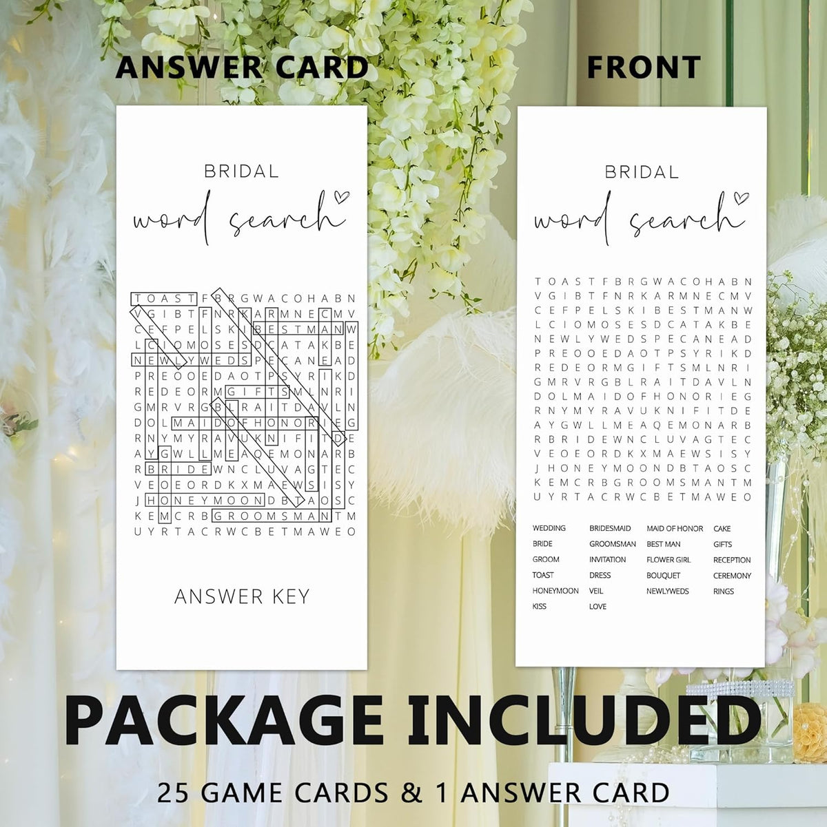 Bridal Shower Games, Word Search, 25Pcs 4x9inch Minimalist White Double-Sided Bridal Game Cards